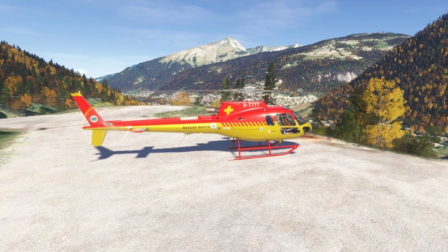 Airbus H125 Écureuil aux couleurs du secours en montagne, posé à Morzine, sur le simulateur de vol hélicoptère HélicoSimu