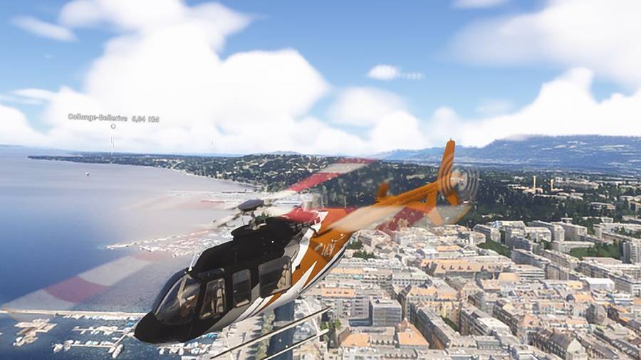 Bell 407 en vol au-dessus de Genève et du Léman, sur le simulateur de vol hélicoptère HélicoSimu