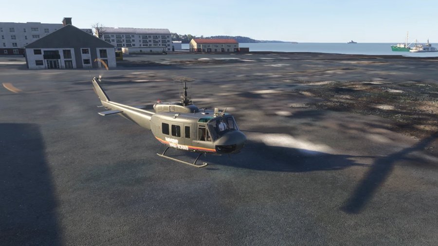 Bell UH-1H Huey posé en bord de mer, sur le simulateur de vol hélicoptère HélicoSimu