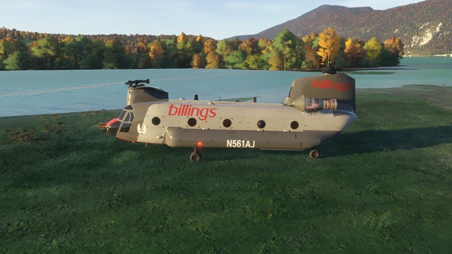 Boeing CH-47 Chinook posé au bord du lac d’Aiguebelette, sur le simulateur de vol hélicoptère HélicoSimu