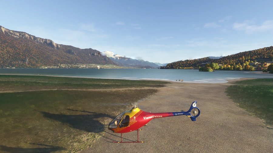 Guimbal Cabri G2 posé face au lac d’Annecy, sur le simulateur de vol hélicoptère HélicoSimu