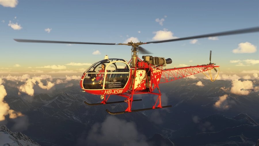 SA 315B Lama Air-Zermatt en vol au-dessus des Alpes au coucher du soleil, sur le simulateur de vol hélicoptère HélicoSimu