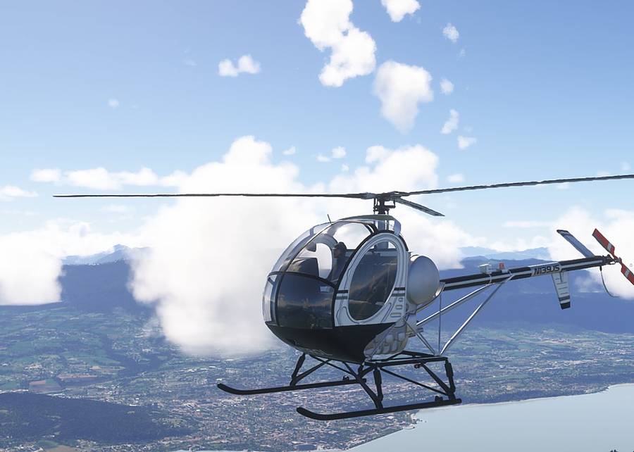 Vol en hélicoptère par grand beau temps au-dessus du lac du Bourget, sur le simulateur de vol hélicoptère HélicoSimu
