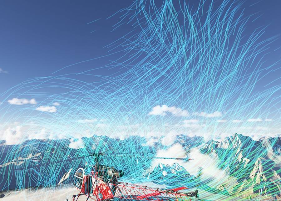Visualisation des turbulences autour d’un hélicoptère posé en haute montagne, sur le simulateur de vol hélicoptère HélicoSimu